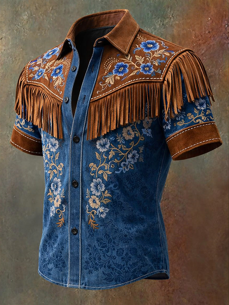 Men's Retro Western Printed Vintage Tassel Casual Short Sleeves Shirt